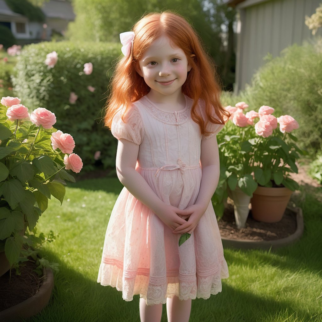 8 year old Nicolette is standing in a sunny garden, her long red hair. She wears a dress with delicate lace details, smiling sweetly as she holds a small stuffed toy. Nearby, her neighbor Zach, a year older, is playing with a toy truck, oblivious to her admiration. Nicolette’s wide, innocent eyes often glance toward him, her soft, rosy cheeks turning slightly pink as she watches him. Even at 8, she’s drawn to him, trying to catch his attention by standing gracefully beside blooming flowers, her heart-shaped pendant glinting in the sunlight.