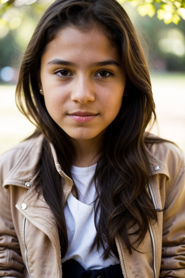 a 12 year old latin girl, (((12yo))),  girl with dark brown hair, and expressive eyes,Full body, light brown eyes, her expression is happy, a natural elegance in her bearing. She is slender and has legs  Rosa is a strong and determined girl, just like her mother. She is passionate and loving, but can also be stubborn and stubborn. She has a crush on her childhood friend named Zach. Looking at Zach. She usually dresses in feminine clothing, (((a jacket, shirt and pants))), 1girl, masterpiece, best quality, high resolution, 8K, HDR, bloom, raytracing, detailed shadows, bokeh, depth of field, film photography, film grain, (wind:0.8), detailed hair, beautiful face, beautiful girl, ultra detailed eyes, cinematic lighting, (hyperdetailed:1.15),