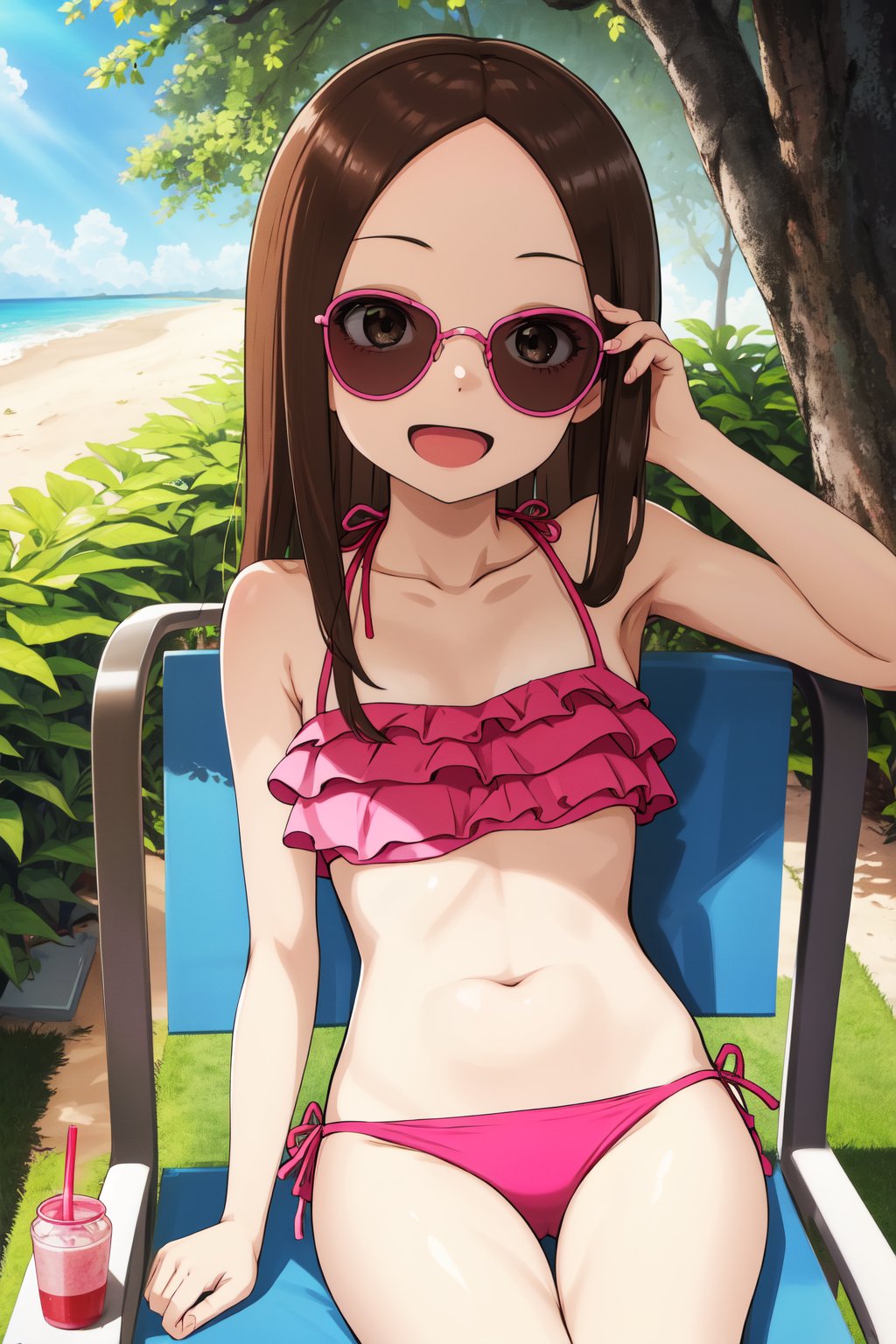 masterpiece, best quality, highres, 1girl, aatakagi, long hair, collarbone, swimsuit, pink bikini, frilled bikini, , beach, cowboy shot, sitting, smile, open mouth, sunglasses shades, laying on lawn chair,