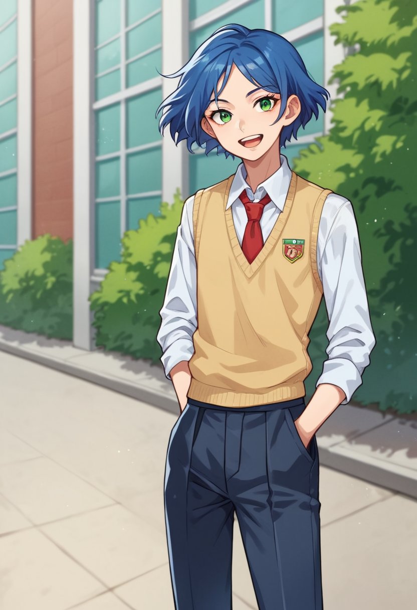 score_9, score_8_up, score_7_up, source_anime, highly detailed, amanda, 1girl, solo, formal, green eyes, androgynous,skirt, school uniform, pleated skirt, sweater vest, hand in pocket,  necktie, blue hair, short hair, looking at viewer, reverse trap, pants, smile,open mouth, tuxedo, hair back,outdoor, 
