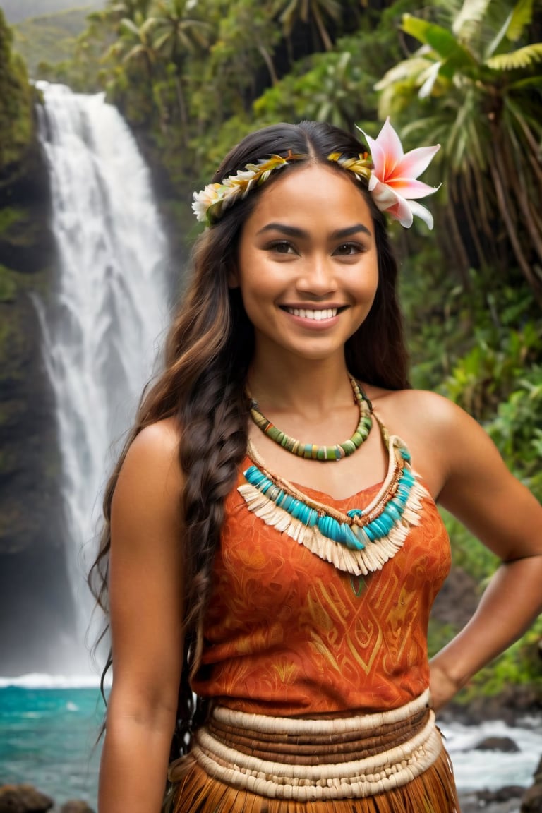 cinematic film still,Portrait of a beautiful 30 year old  polynesian woman named Moana, wearing traditional Polynesian clothing, smiling, closed mouth, looking to side at 15 year old Steve, she had been a 10 year old girl but transformed into a 30 year old woman when she went into a waterfall; pacific island with waterfall in the background, ambient light, Nikon 15mm f/1.8G, by Alessio Albi, by Annie Leibowitz, by Lee Jeffries