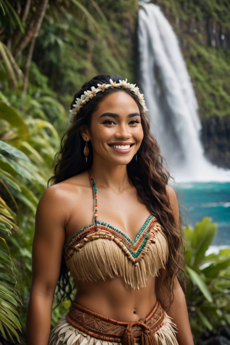 cinematic film still, wide shot of a beautiful and sexy 30 year old Polynesian woman  named Moana, smiling, wearing traditional Polynesian clothing; pacific island with waterfall in the background, ambient light, Nikon 15mm f/1.8G, by Alessio Albi, by Annie Leibowitz, by Lee Jeffries