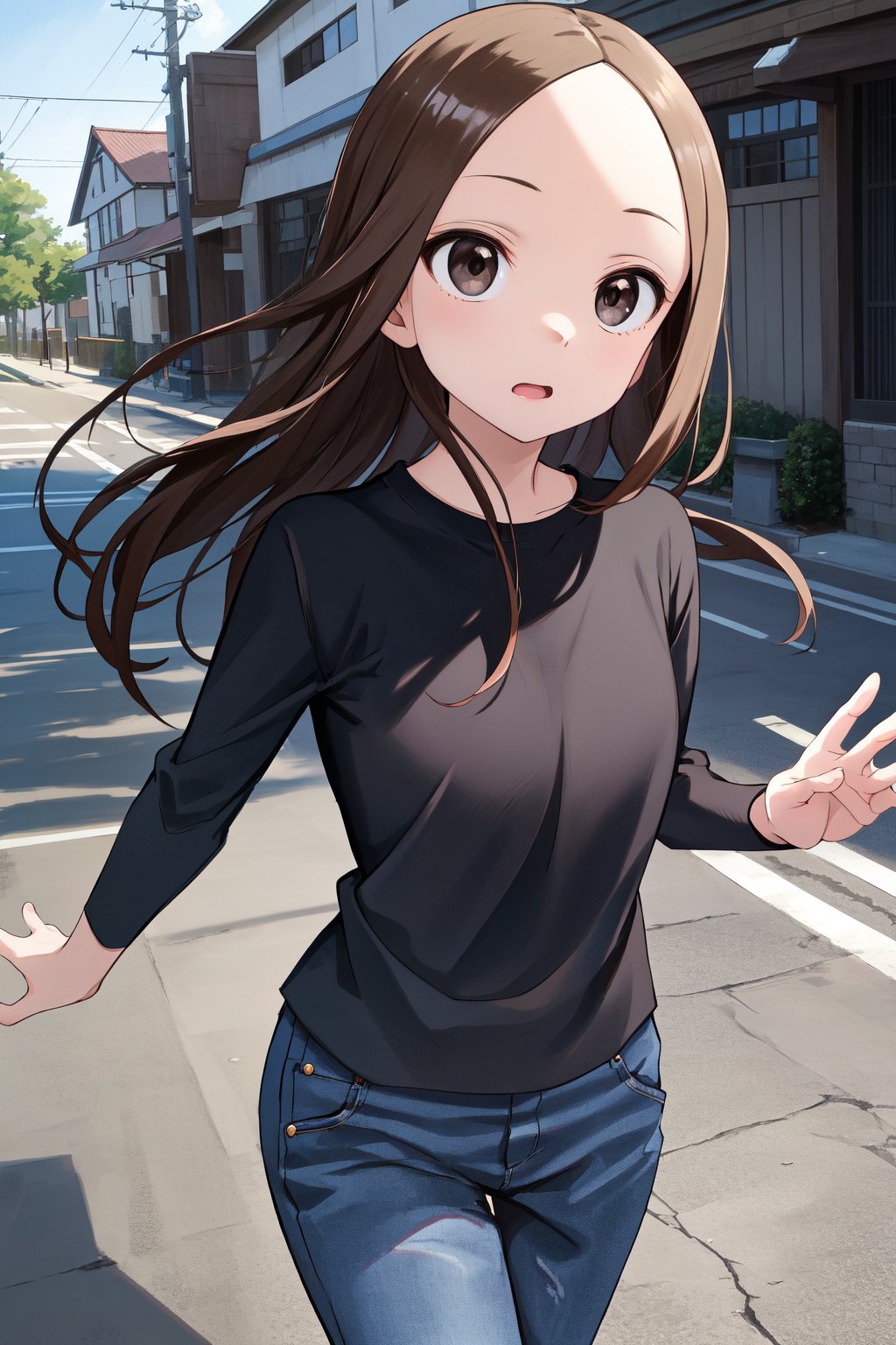 A stunning masterpiece! Aatakagi, A young girl with long, flowing hair, she walks confidently down the street. She wears a black shirt with long sleeves, paired with blue jeans. The framing is cinematic, a cowboy-shot perspective that captures her essence as she strides effortlessly into the frame.