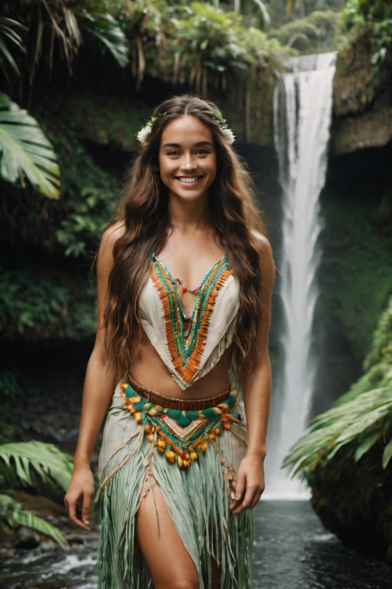 cinematic film still,Portrait if 25 year old Irish American female named Steve smiling, wearing traditional Polynesian clothing, long hair, full body, walking out of waterfall; pacific island with waterfall in the background, ambient light, Nikon 15mm f/1.8G, by Alessio Albi, by Annie Leibowitz, by Lee Jeffries