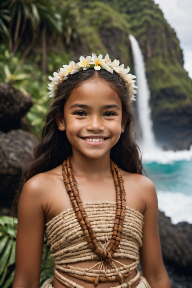 cinematic film still,Portrait of a 10 year old  polynesian girl named Moana, wearing traditional Polynesian clothing, smiling; pacific island with waterfall in the background, ambient light, Nikon 15mm f/1.8G, by Alessio Albi, by Annie Leibowitz, by Lee Jeffries