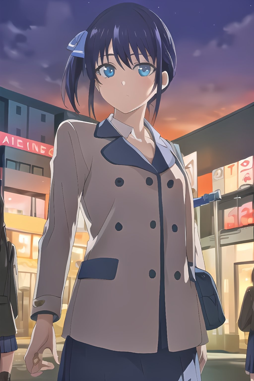 ((best quality)),((highly detailed)),masterpiece,absurdres,detailed face,beautiful face,(detailed eyes, deep eyes),(1girl),((dynamic pose)), ,minase, blue eyes, school uniform, long hair, blue hair, bangs,walking, at night, (eyes looking away from the viewer:1.3, looking away from viewer:1.3), hands in pocket, nighttime, city streets, neon signs, crowd behind,