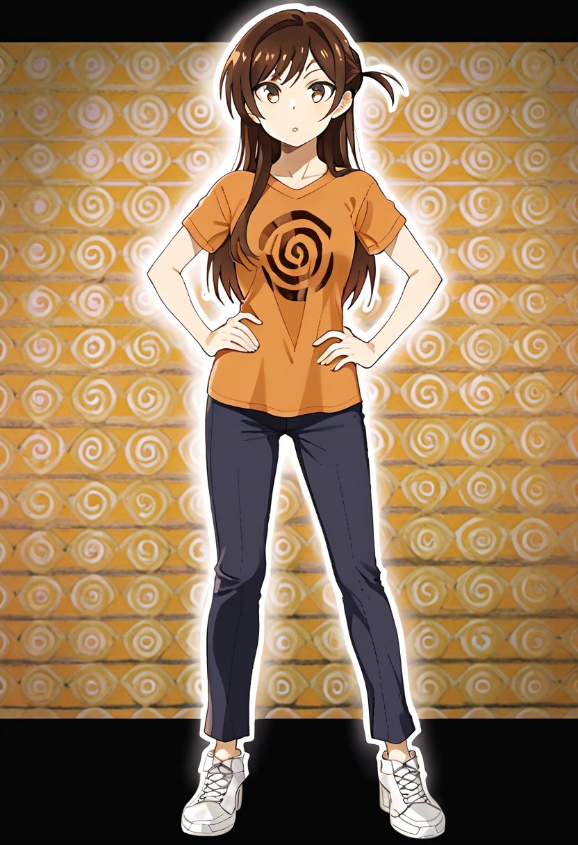 solo, looking at viewer, brown hair, shirt, 1girl, brown eyes, long hair, standing, full body, shoes, striped, pants, hand on hip, white footwear, t-shirt, orange shirt, spiral print shirt, sneakers,MIZUHARA CHIZURU