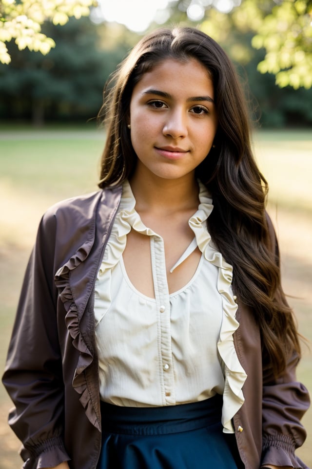 a 17 year old old  Latina girl, (((17yo))),  beautiful, teenage girl with dark brown hair, and expressive eyes. She has a slender figure, light brown eyes, her expression joyful, a natural elegance in her bearing. Rosa is a strong and determined girl, just like her mother. She is passionate and loving, but can also be stubborn and stubborn. She is dating her childhood friend named Zach. She cares deeply about family tradition. She usually dresses in comfortable but elegant clothing, (((a jacket, Blouse with ruffles and a long skirt))), (((full body))), (totale dark background), standing outside at a park, 1girl, masterpiece, best quality, high resolution, 8K, HDR, bloom, raytracing, detailed shadows, bokeh, depth of field, film photography, film grain, glare, (wind:0.8), detailed hair, beautiful face, beautiful girl, ultra detailed eyes, cinematic lighting, (hyperdetailed:1.15)