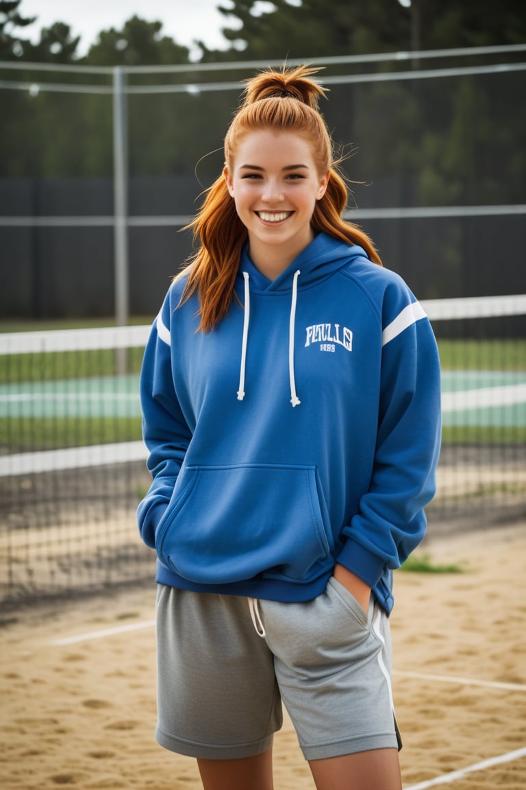 "Nicolette, at 16, stands at the basketball court, her long red hair pulled into a loose, masculine ponytail, strands falling across her face as she dribbles a ball. She’s dressed in a baggy hoodie, athletic shorts, and worn sneakers, completely embodying her tomboy persona. Her once girly demeanor is now fully replaced by a confident, boyish swagger. Zach, her best friend and now boyfriend, leans against the fence, watching her with a grin. Nicolette shoots him a playful look, her competitive spirit shining through as she prepares to take a shot. There’s no trace of the delicate girl she used to be—just a tough, fearless, and athletic girl who’s more comfortable in her skin than ever, completely at ease with Zach by her side."