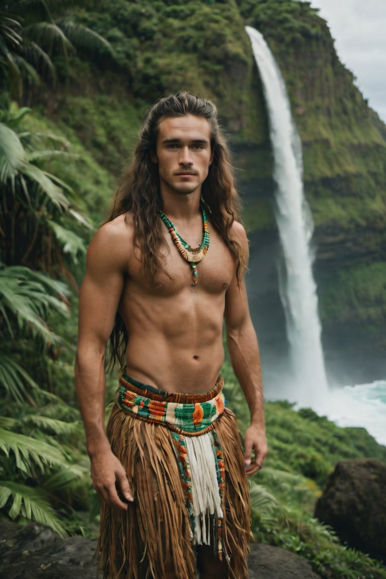 cinematic film still, full shot of 25 year old Irish American man named Steve, wearing traditional Polynesian clothing, long hair; pacific island with waterfall in the background, ambient light, Nikon 15mm f/1.8G, by Alessio Albi, by Annie Leibowitz, by Lee Jeffries