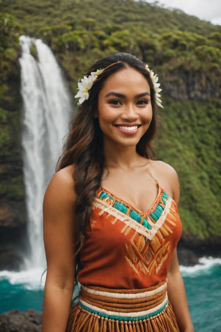 cinematic film still,Portrait of a beautiful and sexy 30 year old  polynesian woman named Moana, wearing traditional Polynesian clothing, smiling, closed mouth, looking to side at Steve; pacific island with waterfall in the background, ambient light, Nikon 15mm f/1.8G, by Alessio Albi, by Annie Leibowitz, by Lee Jeffries