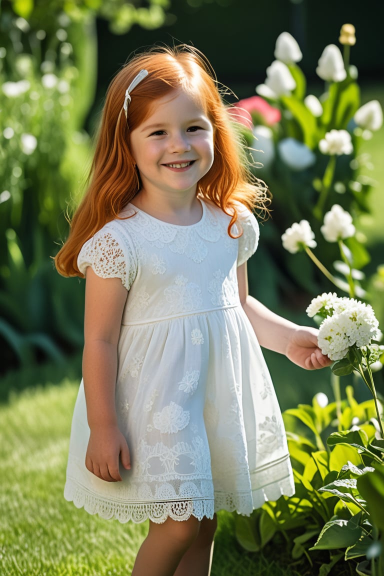 8 year old Nicolette is standing in a sunny garden, her long red hair. She wears a dress with delicate lace details, smiling sweetly as she holds a small stuffed toy. Nearby, her neighbor Zach, a year older, is playing with a toy truck, oblivious to her admiration. Nicolette’s wide, innocent eyes often glance toward him, her soft, rosy cheeks turning slightly pink as she watches him. Even at 8, she’s drawn to him, trying to catch his attention by standing gracefully beside blooming flowers, her heart-shaped pendant glinting in the sunlight.