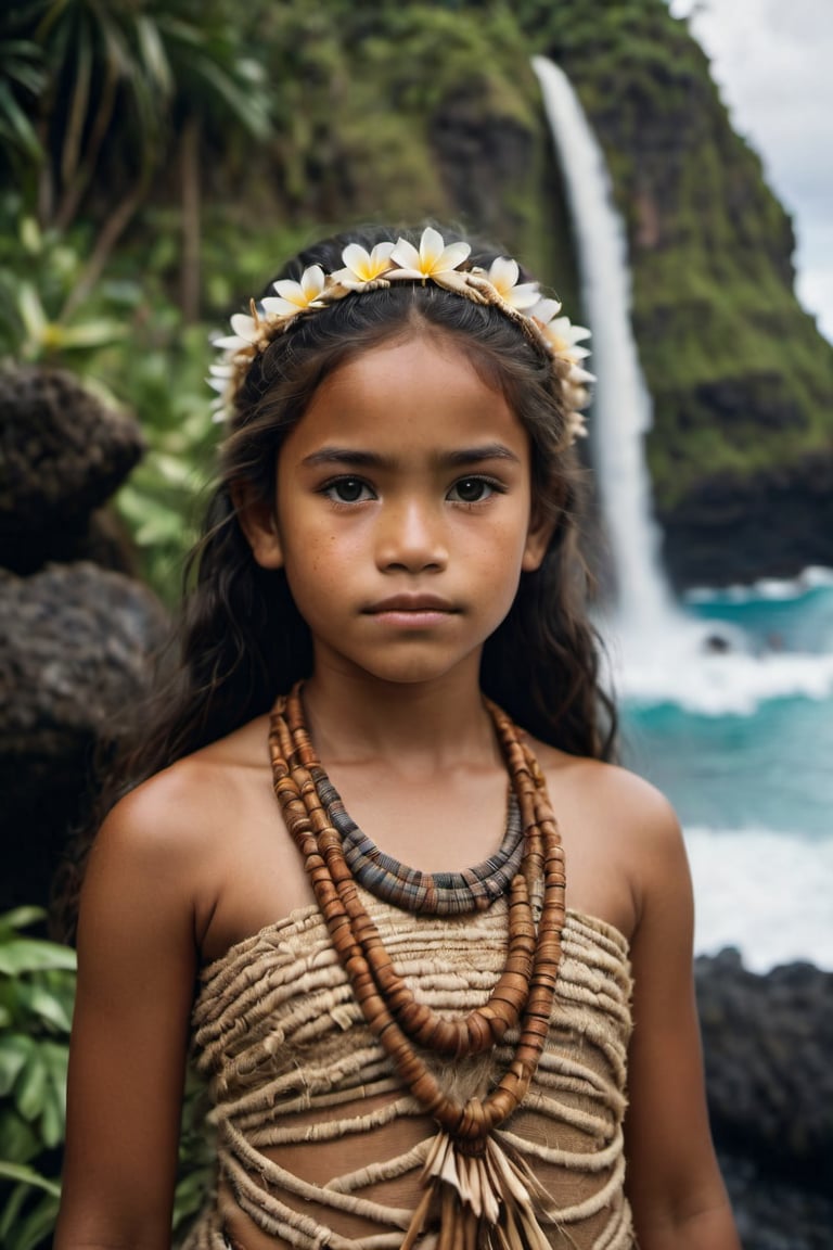 cinematic film still,Portrait of a 10 year old polynesian girl named Moana, wearing traditional Polynesian clothing; pacific island with waterfall in the background, ambient light, Nikon 15mm f/1.8G, by Alessio Albi, by Annie Leibowitz, by Lee Jeffries