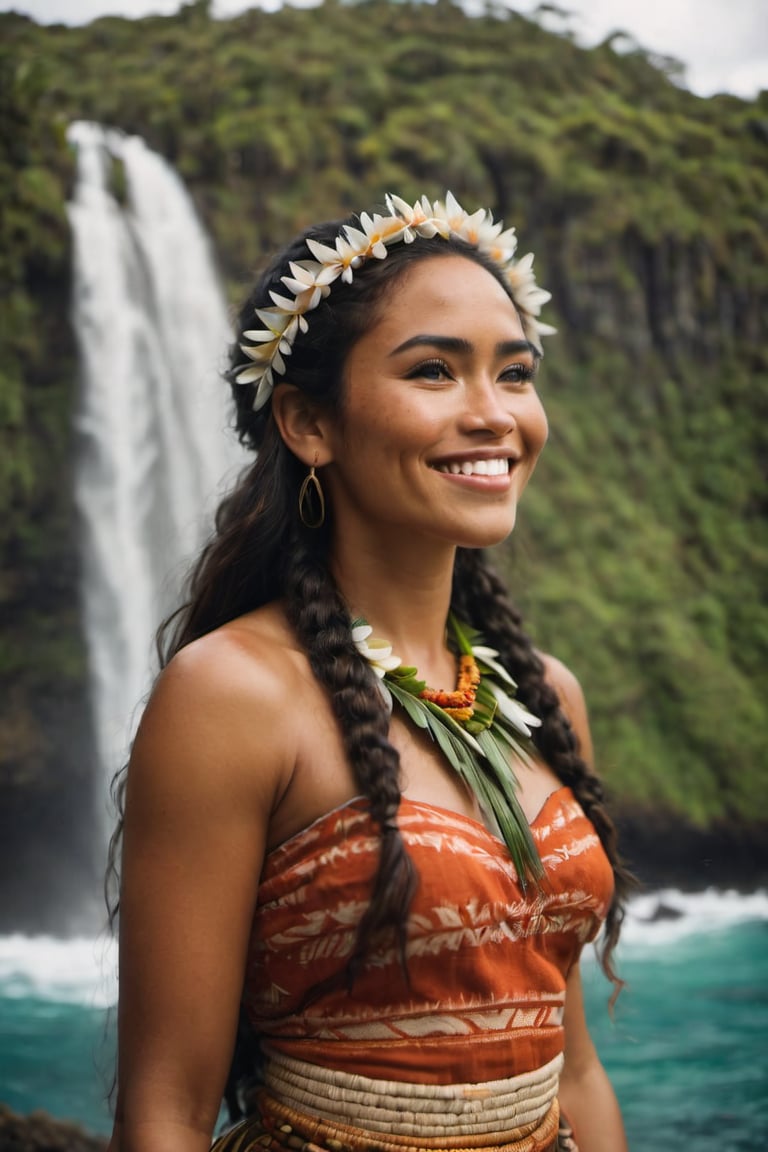 cinematic film still,Portrait of a beautiful 30 year old  polynesian woman named Moana, wearing traditional Polynesian clothing, smiling, closed mouth, looking to side at Steve; pacific island with waterfall in the background, ambient light, Nikon 15mm f/1.8G, by Alessio Albi, by Annie Leibowitz, by Lee Jeffries