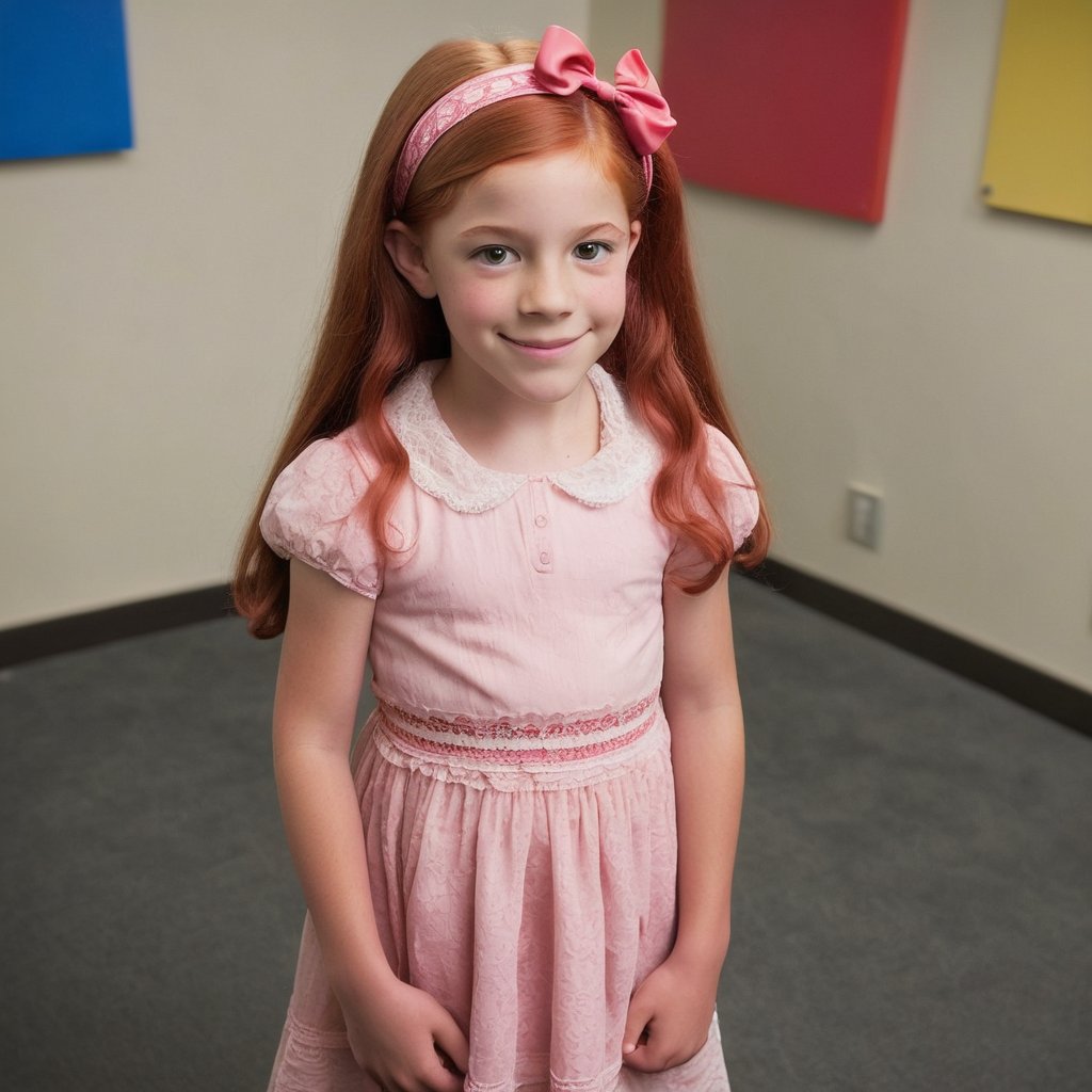 "Nicolette, at 8 years old, stands for her school photo with a shy but sweet smile. Her long, vibrant red hair is neatly styled with a pink headband, complementing her floral dress, which has soft lace trim around the collar. She holds her hands in front of her, fingers fidgeting with the hem of her dress, a hint of nervousness in her posture. In the background, Zach is just visible, sitting a few rows back in the class photo, his relaxed demeanor contrasting with Nicolette's girly and polished appearance. Her eyes, however, keep drifting toward him, a subtle indication of how much he already means to her."