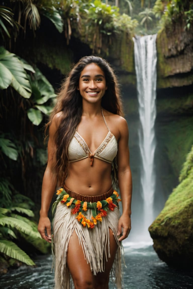 cinematic film still,Portrait of a 30 year old  Polynesian named Moana, woman is physically and mentally transforming into a handsome man with long hair, smiling, wearing traditional Polynesian clothing, full body, walking out of waterfall; pacific island with waterfall in the background, ambient light, Nikon 15mm f/1.8G, by Alessio Albi, by Annie Leibowitz, by Lee Jeffries