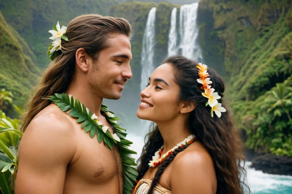 cinematic film still, full shot of 30 year old teenage Irish American man named Steve, wearing traditional Polynesian clothing, long hair; standing beside an aged up 30 year old Polynesian woman named Moana, smiling; eyes closed, lips touching, kissing each other on the lips, pacific island with waterfall in the background, ambient light, Nikon 15mm f/1.8G, by Alessio Albi, by Annie Leibowitz, by Lee Jeffries