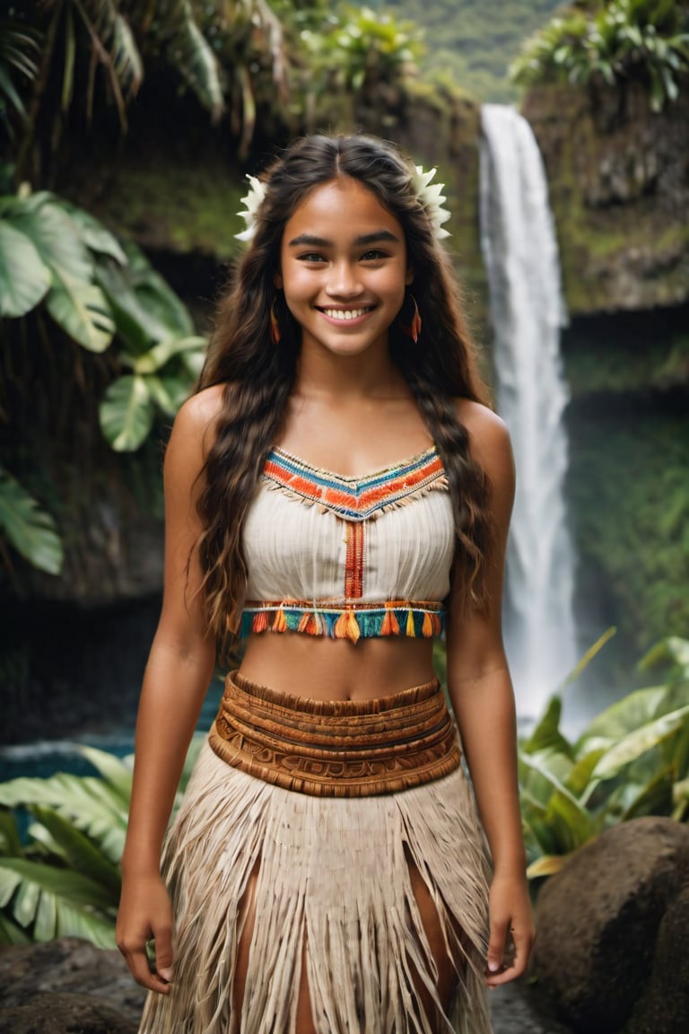 cinematic film still, full body, Portrait of a 18 year old beautiful polynesian teenage girl named Moana, wearing traditional Polynesian clothing, smiling; pacific island with waterfall in the background, ambient light, Nikon 15mm f/1.8G, by Alessio Albi, by Annie Leibowitz, by Lee Jeffries