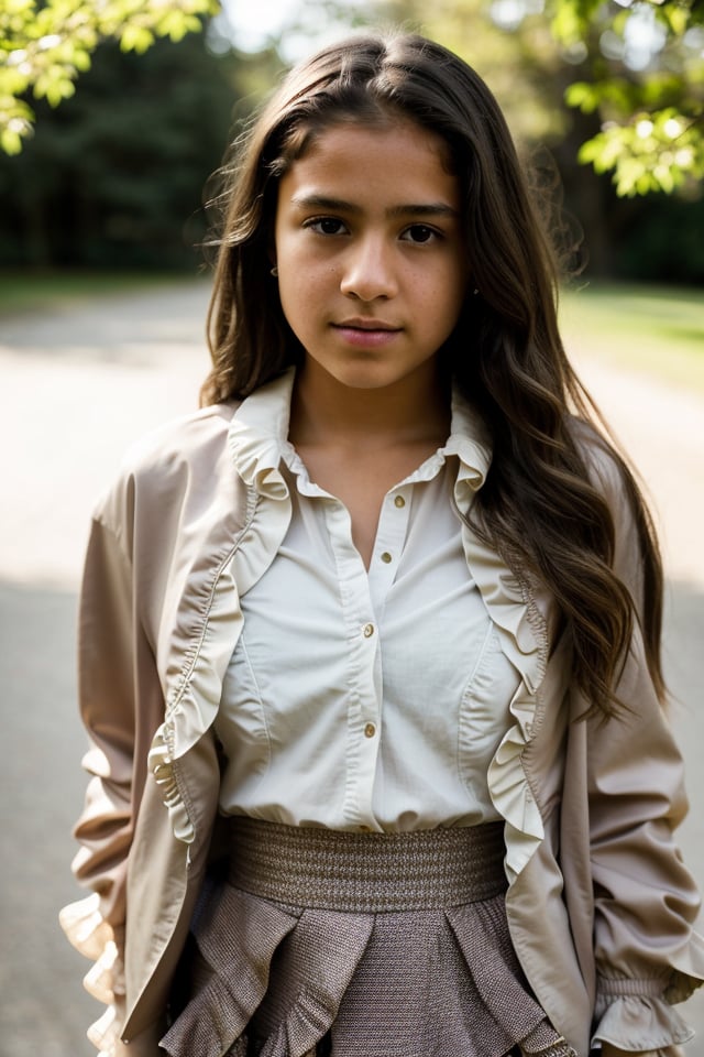 a 12 year old latin girl, (((12yo))),  girl with dark brown hair, and expressive eyes,Full body, light brown eyes, her expression is tough but calm, a natural elegance in her bearing. Rosa is a strong and determined girl, just like her mother. She is passionate and loving, but can also be stubborn and stubborn. She has a crush on her childhood friend named Zach. She usually dresses in comfortable but elegant clothing, (((a jacket, Blouse with ruffles and a long skirt))), 1girl, masterpiece, best quality, high resolution, 8K, HDR, bloom, raytracing, detailed shadows, bokeh, depth of field, film photography, film grain, glare, (wind:0.8), detailed hair, beautiful face, beautiful girl, ultra detailed eyes, cinematic lighting, (hyperdetailed:1.15),