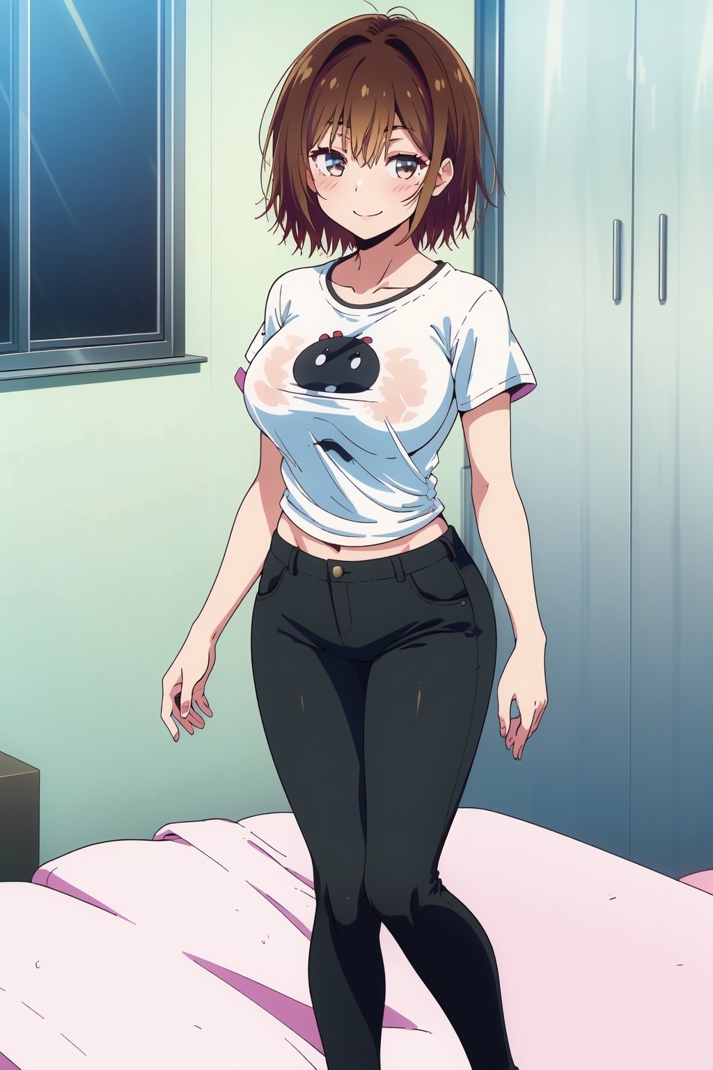 Kanojo anime lineart, Chizuru, kiryuu mizuha, 1girl, black hair, very long hair,bangs, brown eyes, breasts,

short sleeves, black shirt, t-shirt, shirt, 1girl,  black pants, 

smile,

looking at viewer, indoors, bedroom,

highest quality, masterpiece, best quality, highly detailed, perfect scenery, perfect lighting, perfect scenery, uncensored, high resolution, unity 8k wallpaper, (illustration:0.8), beautiful detailed eyes, negative_hand, negative_hand-neg, uncensored,