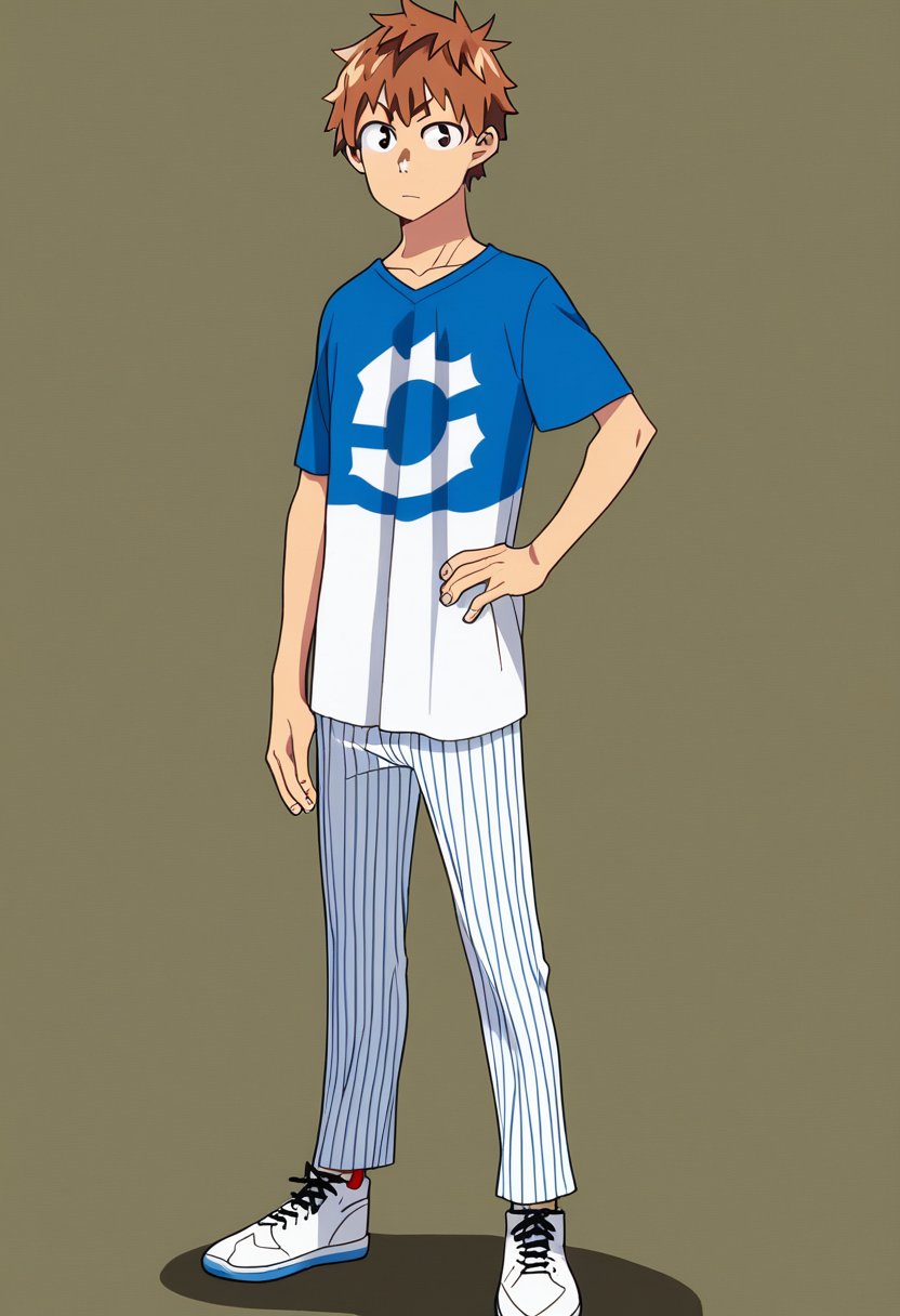 solo, looking at viewer, brown hair, shirt, 1boy, brown eyes, standing, full body, male focus, shoes, striped, pants, hand on hip, white footwear, t-shirt, sneakers, KINOSHITA KAZUYA