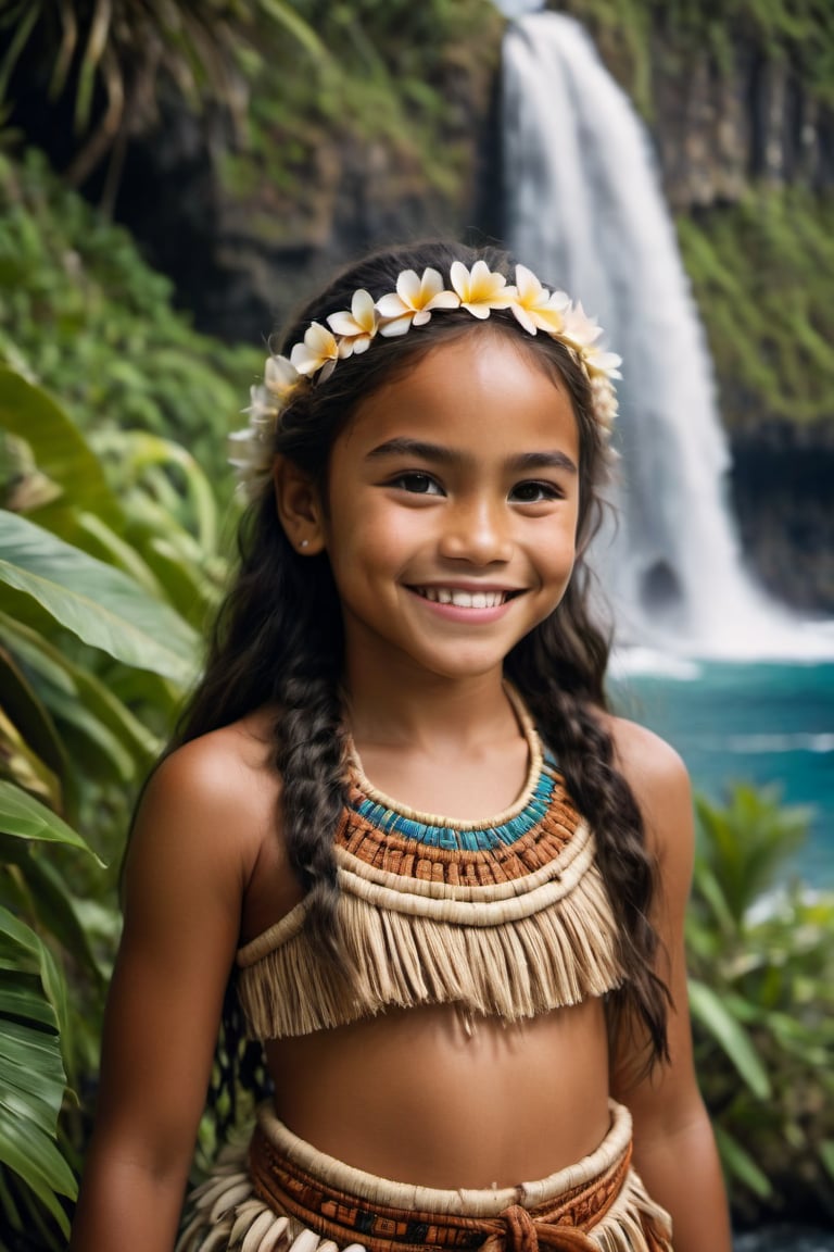 cinematic film still, wide shot of a 10 year old Polynesian girl named Moana, smiling, wearing traditional Polynesian clothing; pacific island with waterfall in the background, ambient light, Nikon 15mm f/1.8G, by Alessio Albi, by Annie Leibowitz, by Lee Jeffries