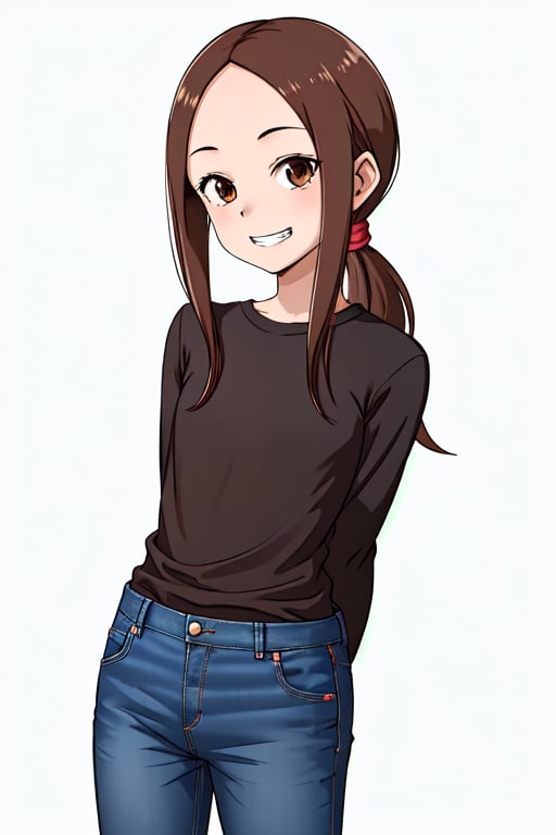 1girl, solo, long hair,low ponytail, looking at viewer, smile, bangs, simple background, brown hair, shirt, long sleeves, white background, brown eyes, sidelocks, pants, grin, parted bangs, black shirt, arms behind back, denim, forehead, jeans, blue pants, bbtakagi