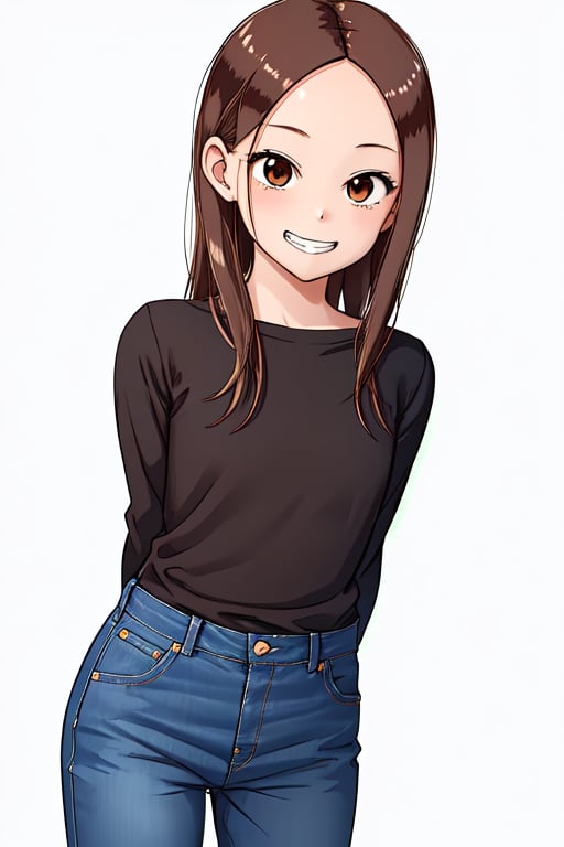 1girl, solo, long hair, looking at viewer, smile, bangs, simple background, brown hair, shirt, long sleeves, white background, brown eyes, sidelocks, pants, grin, parted bangs, black shirt, arms behind back, denim, forehead, jeans, blue pants, bbtakagi,