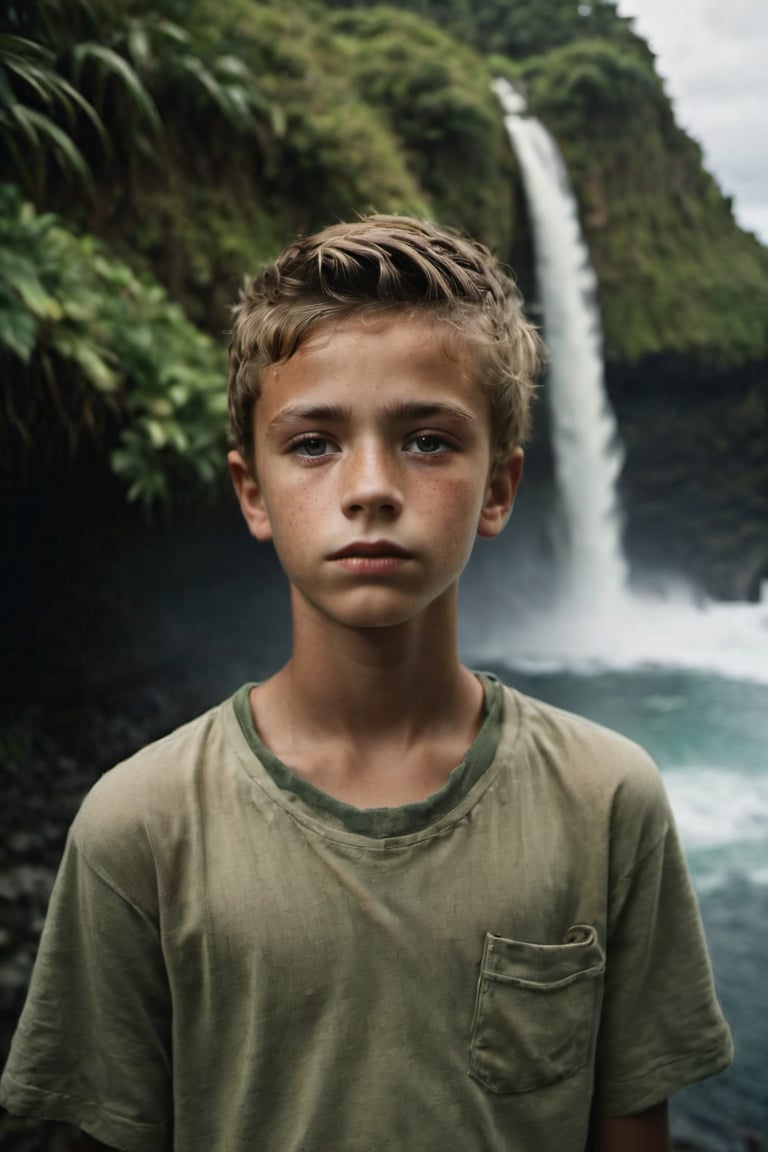 cinematic film still,Portrait of a 15 year old Irish American boy; pacific island with waterfall in the background, ambient light, Nikon 15mm f/1.8G, by Alessio Albi, by Annie Leibowitz, by Lee Jeffries