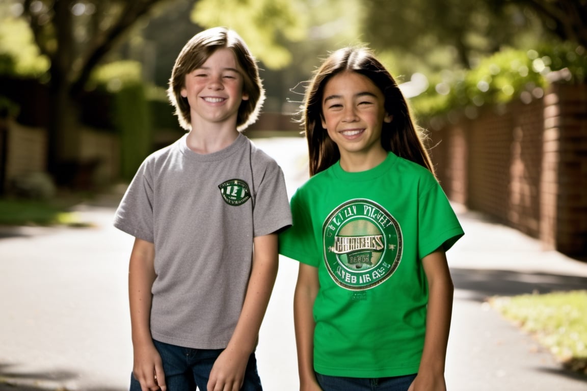 12 year old Irish American boy with brown hair wearing a t shirt, with his best friend who is a 11 year old Asian American girl,