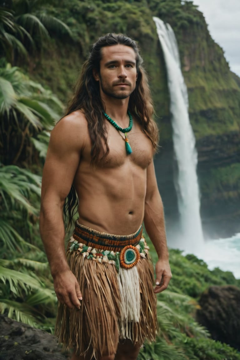 cinematic film still, full shot of 30 year old Irish American man named Steve, wearing traditional Polynesian clothing, long hair; pacific island with waterfall in the background, ambient light, Nikon 15mm f/1.8G, by Alessio Albi, by Annie Leibowitz, by Lee Jeffries