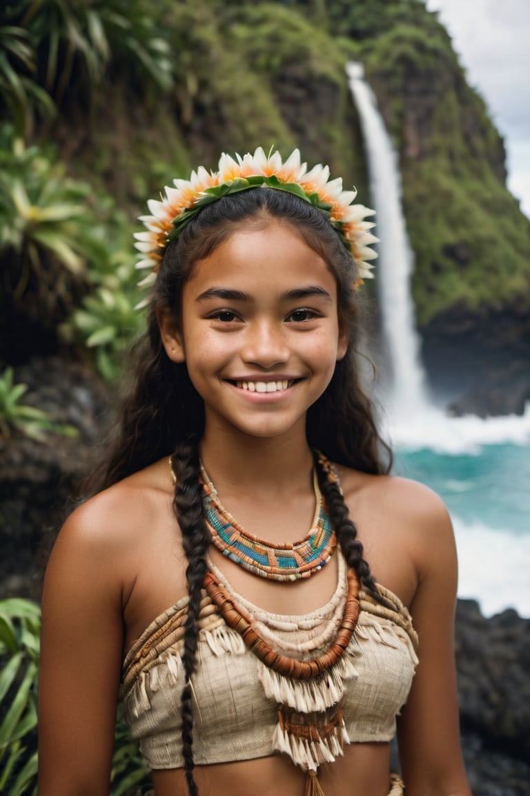 cinematic film still,Portrait of a 16 year old  polynesian teenage girl named Moana, wearing traditional Polynesian clothing, smiling; pacific island with waterfall in the background, ambient light, Nikon 15mm f/1.8G, by Alessio Albi, by Annie Leibowitz, by Lee Jeffries