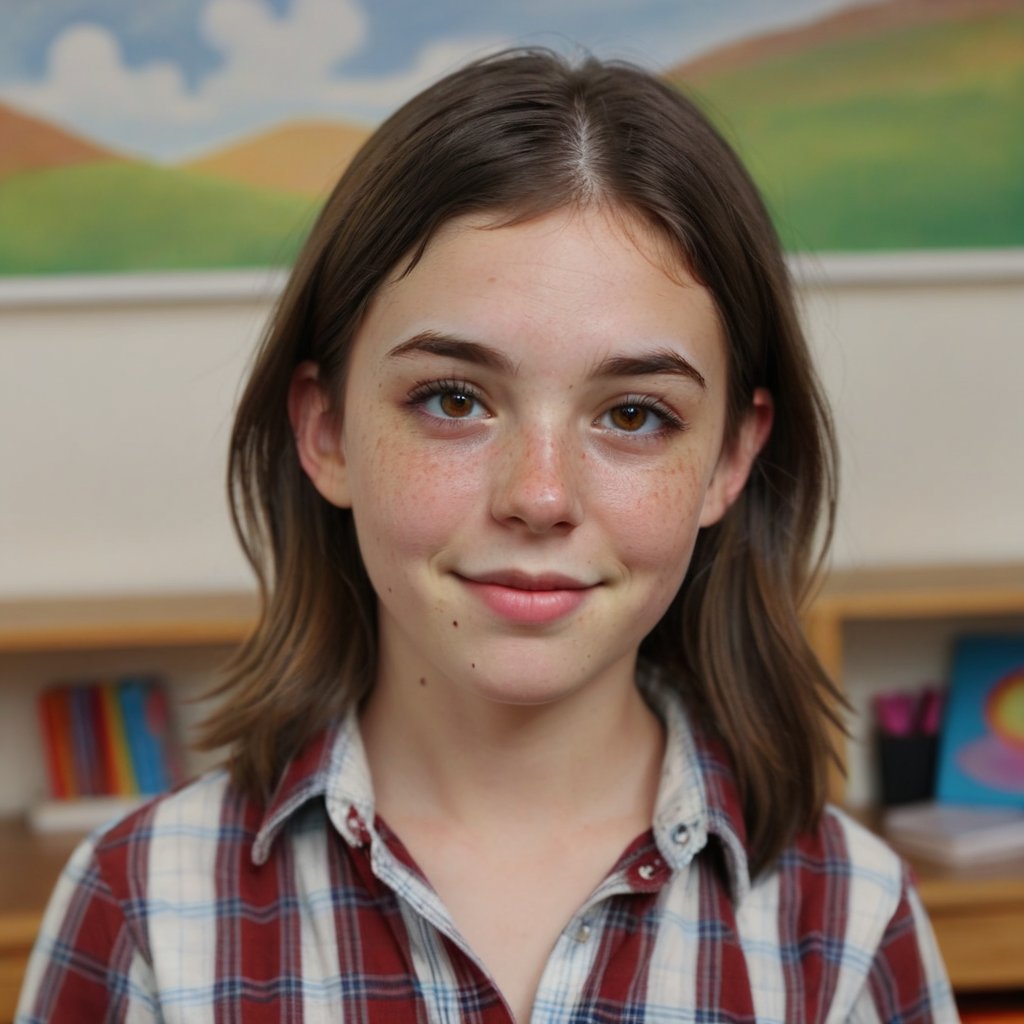 Full shot photo Zoey, an 12-year-old girl with medium short, dark brown hair and bright eyes, beaming with a warm smile as she gazes directly into the camera. Against a clean and modern school photo backdrop, her plaid button down shirt pops against soft features. Freckles on her nose and a subtle crease on her forehead are subtly captured. As a closeted trans person who wants to be a boy, Zoey's presence takes center stage amidst blurred background colors. A gentle flush rises to her cheeks as she thinks of her childhood friend Zach, the object of her secret crush. Upper body 