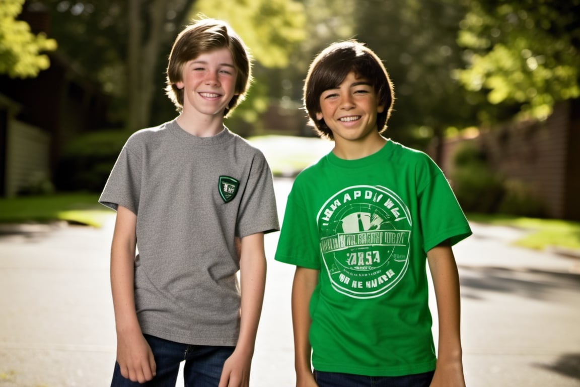 14 year old Irish American boy with brown hair wearing a t shirt, with his best friend who is a 13 year old Asian American boy wearing a t shirt,