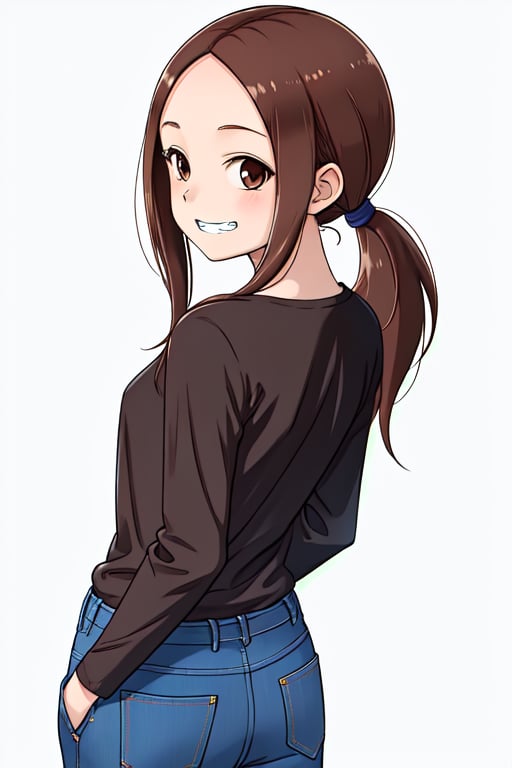 1girl, solo, long hair,low ponytail, looking at viewer, smile, bangs, simple background, brown hair, shirt, long sleeves, white background, brown eyes, sidelocks, pants, grin, parted bangs, black shirt, looking back, from behind, arms behind back, denim, forehead, jeans, blue pants, bbtakagi