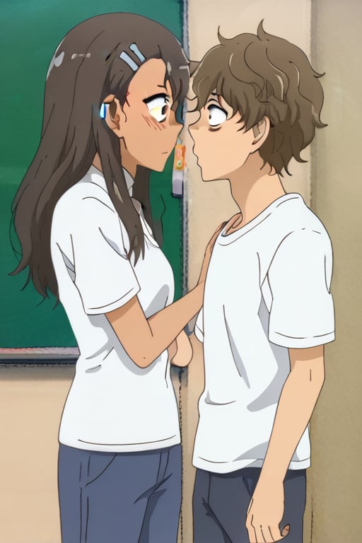 1boy, 1girl, couple, Nagatoro,dark skin, long hair, black hair, asymmetrical bangs, brown eyes, hairclip, earclip, t shirt, pants,senpainagatoro, messy hair, brown hair,sanpaku, looking at another.