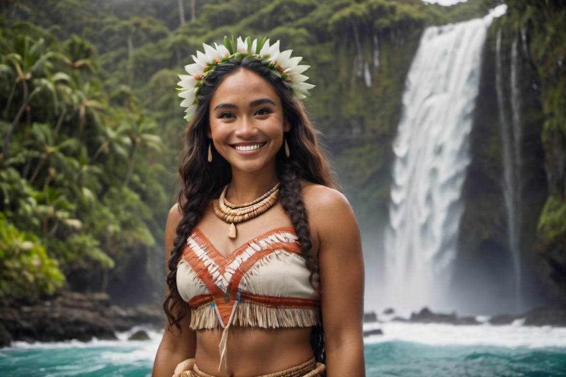 cinematic film still, full shot of  30 year old Polynesian woman named Moana; smiling, wearing traditional Polynesian clothing, pacific island with waterfall in the background, ambient light, Nikon 15mm f/1.8G, by Alessio Albi, by Annie Leibowitz, by Lee Jeffries