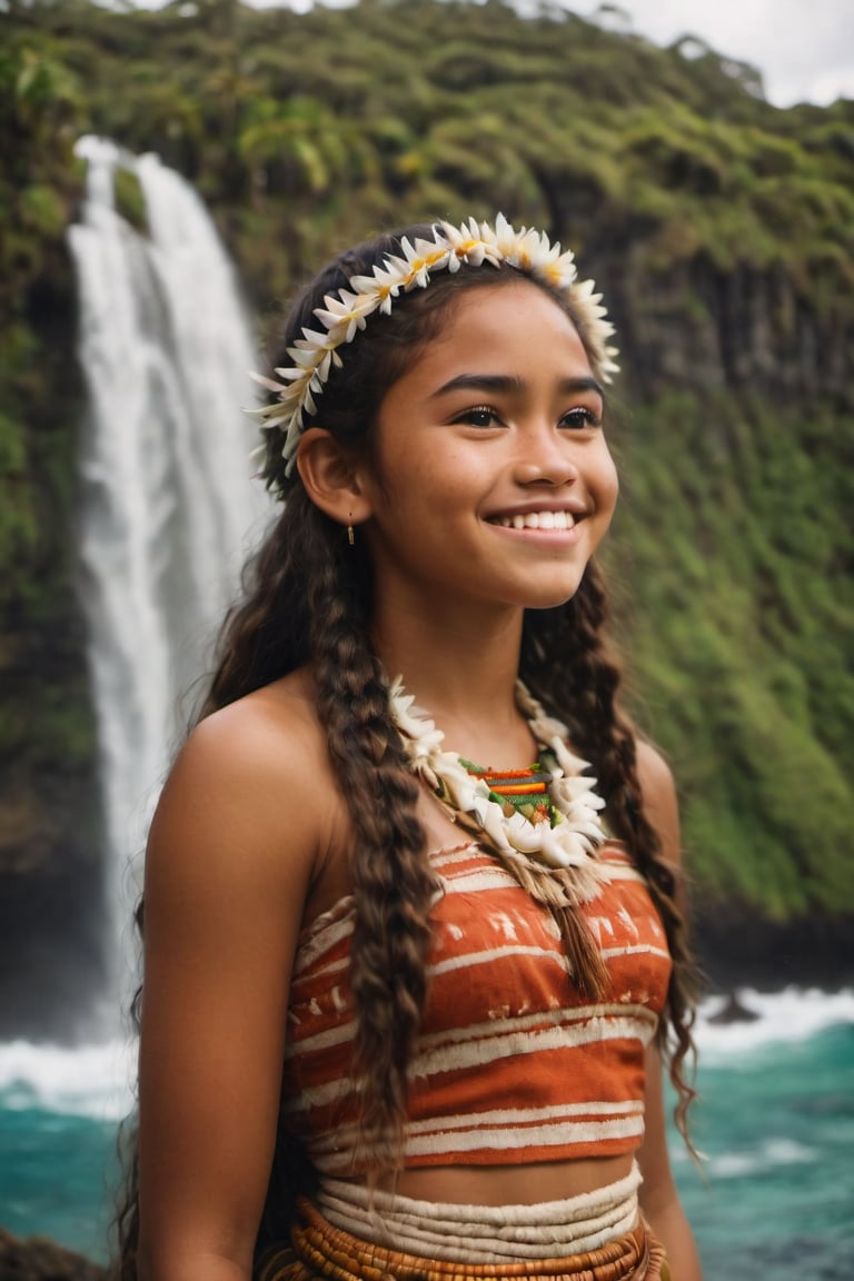 cinematic film still,Portrait of a 15 year old  polynesian teenage girl named Moana, wearing traditional Polynesian clothing, smiling, closed mouth, looking to side at Steve; pacific island with waterfall in the background, ambient light, Nikon 15mm f/1.8G, by Alessio Albi, by Annie Leibowitz, by Lee Jeffries