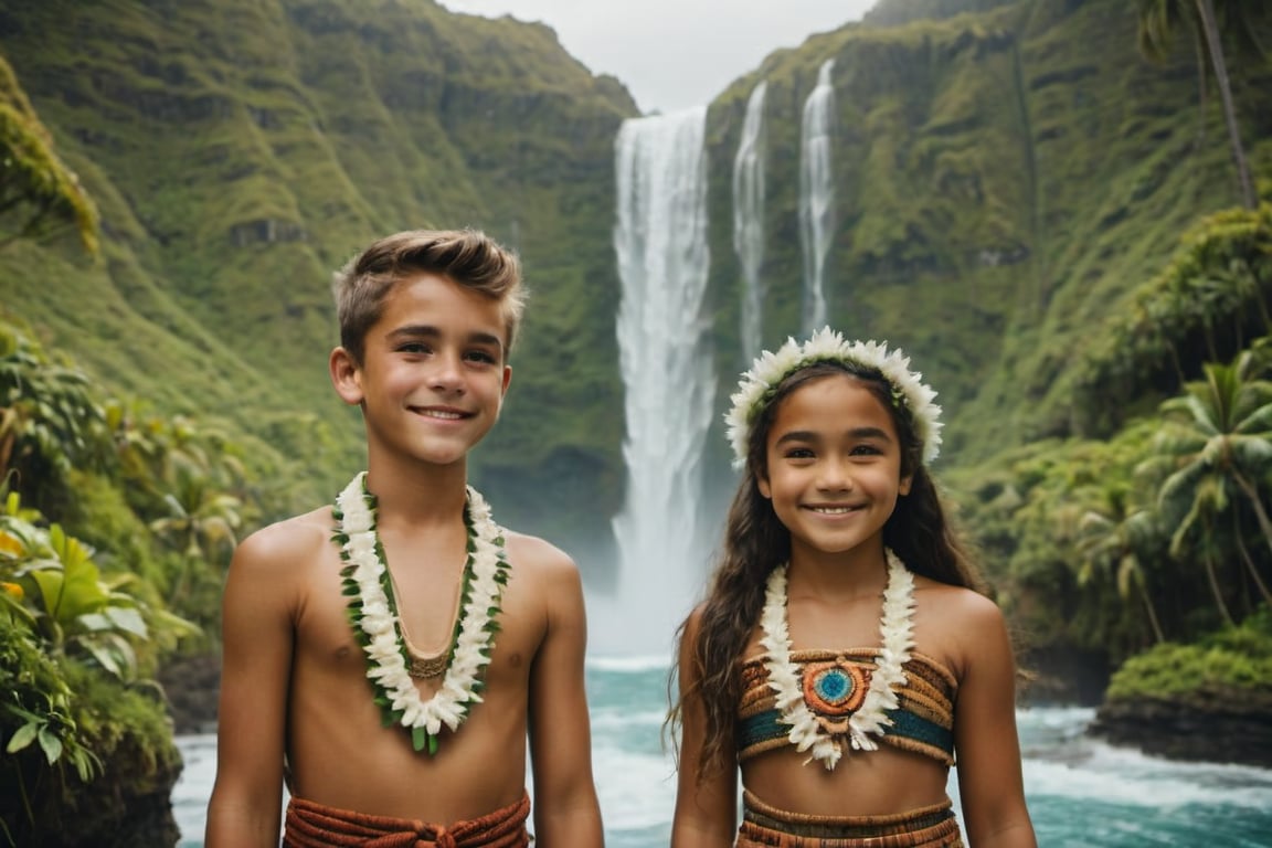 cinematic film still, full shot of 15 year old teenage Irish American boy named Steve, wearing traditional Polynesian clothing, short hair; standing beside 10 year old Polynesian girl named Moana, smiling; pacific island with waterfall in the background, ambient light, Nikon 15mm f/1.8G, by Alessio Albi, by Annie Leibowitz, by Lee Jeffries