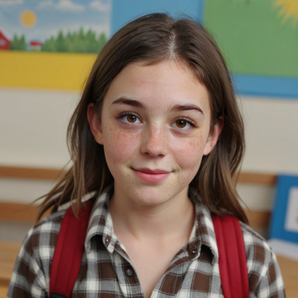 Full shot photo Zoey, an 12-year-old girl with medium, dark brown hair and bright eyes, beaming with a warm smile as she gazes directly into the camera. Against a clean and modern school photo backdrop, her plaid button down shirt pops against soft features. Freckles on her nose and a subtle crease on her forehead are subtly captured. As a closeted trans person who wants to be a boy, Zoey's presence takes center stage amidst blurred background colors. A gentle flush rises to her cheeks as she thinks of her childhood friend Zach, the object of her secret crush. Upper body 