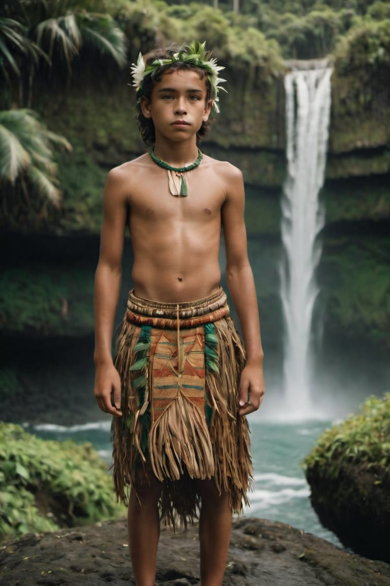 cinematic film still, full shot of 15 year old Irish American boy named Steve, wearing traditional Polynesian clothing, full body; pacific island with waterfall in the background, ambient light, Nikon 15mm f/1.8G, by Alessio Albi, by Annie Leibowitz, by Lee Jeffries