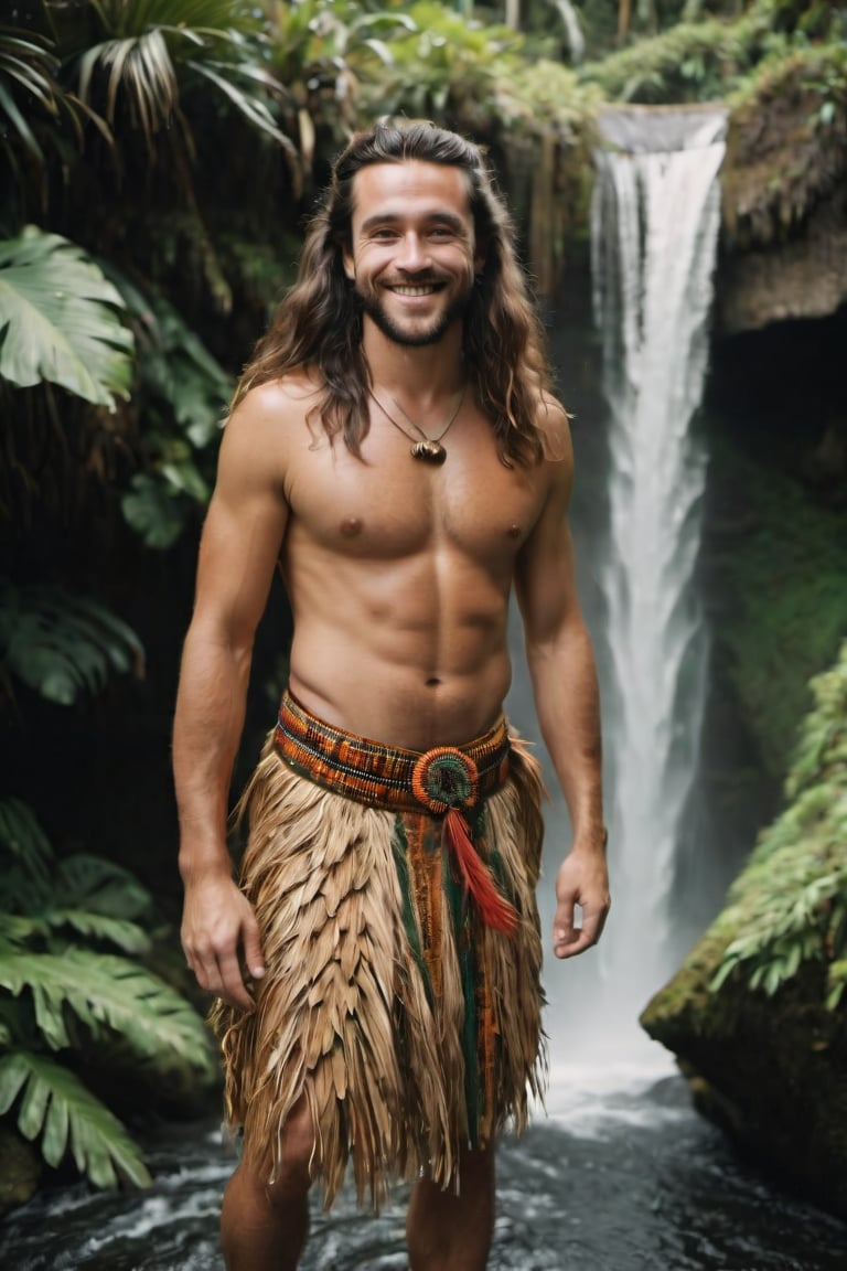 cinematic film still,Portrait of 30 year old Irish American male named Steve smiling, wearing traditional Polynesian clothing, long hair, full body, walking out of waterfall; pacific island with waterfall in the background, ambient light, Nikon 15mm f/1.8G, by Alessio Albi, by Annie Leibowitz, by Lee Jeffries