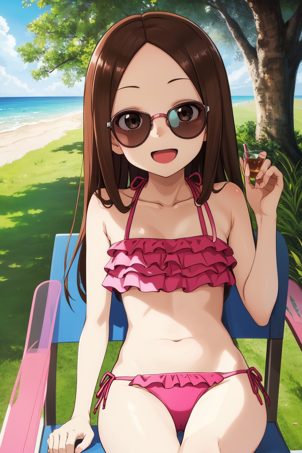 masterpiece, best quality, highres, 1girl, aatakagi, long hair, collarbone, swimsuit, pink bikini, frilled bikini, , beach, cowboy shot, sitting, smile, open mouth, sunglasses shades, laying on lawn chair,drinking_glass 