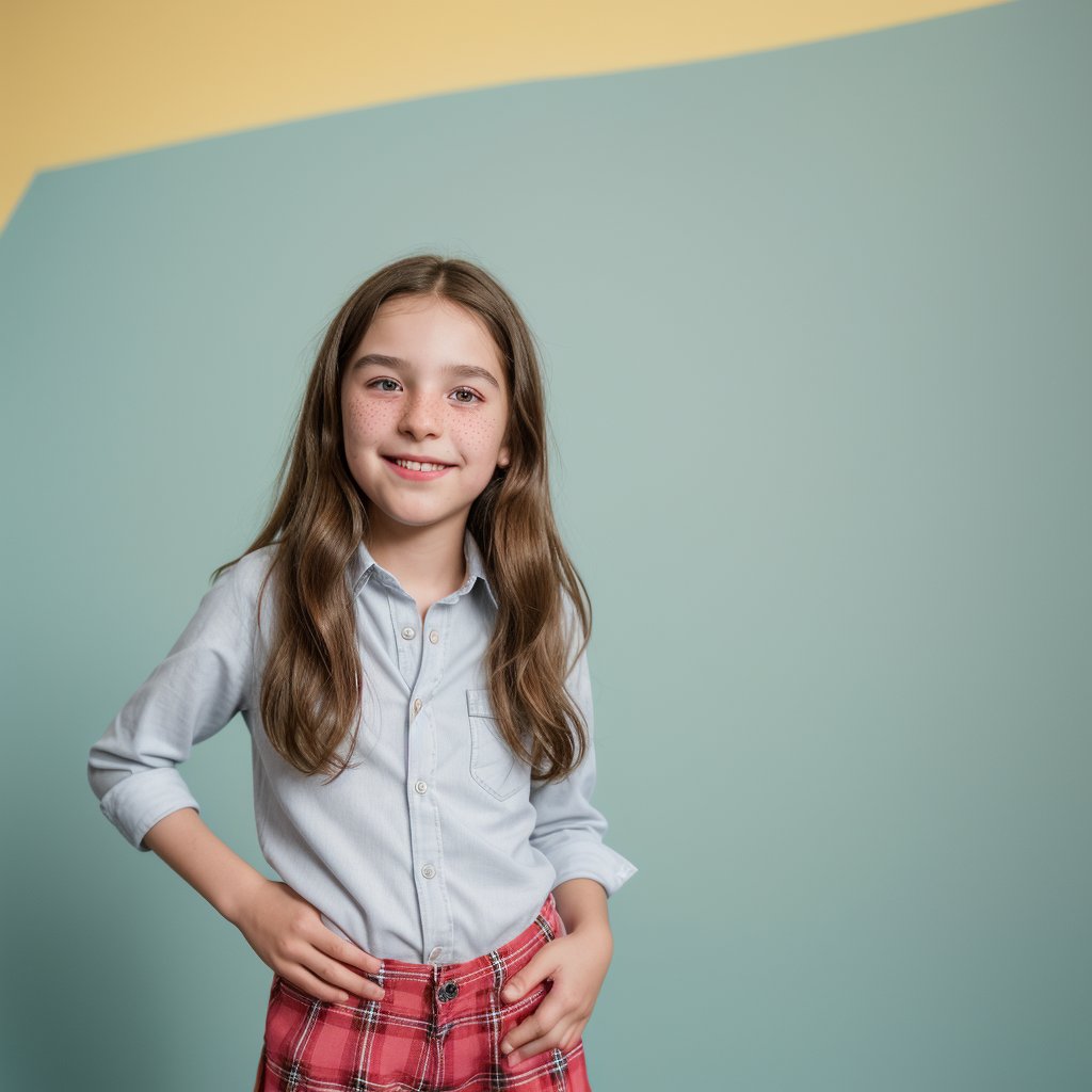 Solo, Zoey, an 11-year-old girl with long, dark brown hair and bright eyes, beaming with a big wide open smile in a clean and modern school photo backdrop, her plaid button down shirt pops against soft features. Wearing pants and sneakers, Full body, Freckles on her nose and a subtle crease on her forehead. As a closeted trans person who wants to be a boy, Zoey's presence takes center stage amidst blurred background colors. A gentle flush rises to her cheeks as she thinks of her childhood friend Zach, the object of her secret crush. Upper body 