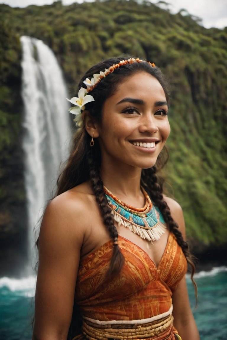 cinematic film still,Portrait of a beautiful 30 year old  polynesian woman named Moana, wearing traditional Polynesian clothing, smiling, closed mouth, looking to side at 15 year old Steve; pacific island with waterfall in the background, ambient light, Nikon 15mm f/1.8G, by Alessio Albi, by Annie Leibowitz, by Lee Jeffries