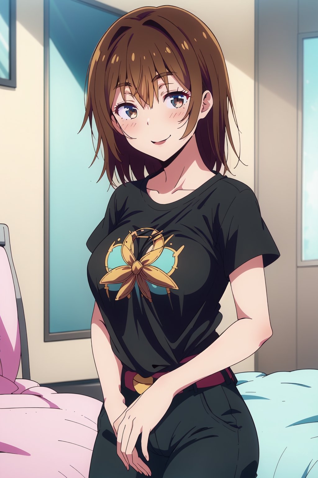 Kanojo anime lineart, Chizuru, kiryuu mizuha, 1girl, black hair, long hair, bangs,one side up, brown eyes, breasts,

short sleeves, black shirt, t-shirt, shirt, 1girl,  black pants, 

smile,

looking at viewer, indoors, bedroom,

highest quality, masterpiece, best quality, highly detailed, perfect scenery, perfect lighting, perfect scenery, uncensored, high resolution, unity 8k wallpaper, (illustration:0.8), beautiful detailed eyes, negative_hand, negative_hand-neg, uncensored,