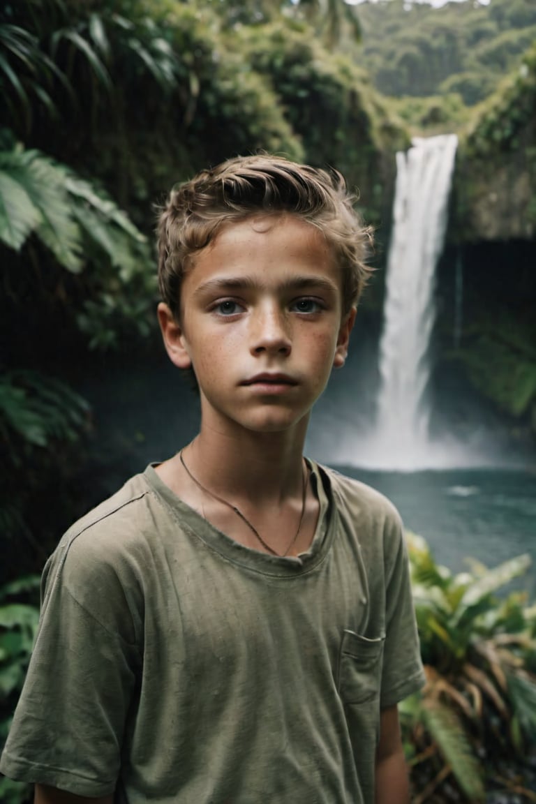 cinematic film still, full shot of 15 year old Irish American boy named Steve; pacific island with waterfall in the background, ambient light, Nikon 15mm f/1.8G, by Alessio Albi, by Annie Leibowitz, by Lee Jeffries