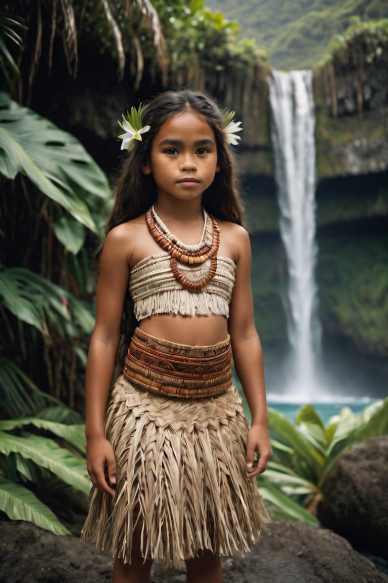 cinematic film still,Portrait of a 10 year old polynesian girl named Moana, wearing traditional Polynesian clothing, full body; pacific island with waterfall in the background, ambient light, Nikon 15mm f/1.8G, by Alessio Albi, by Annie Leibowitz, by Lee Jeffries