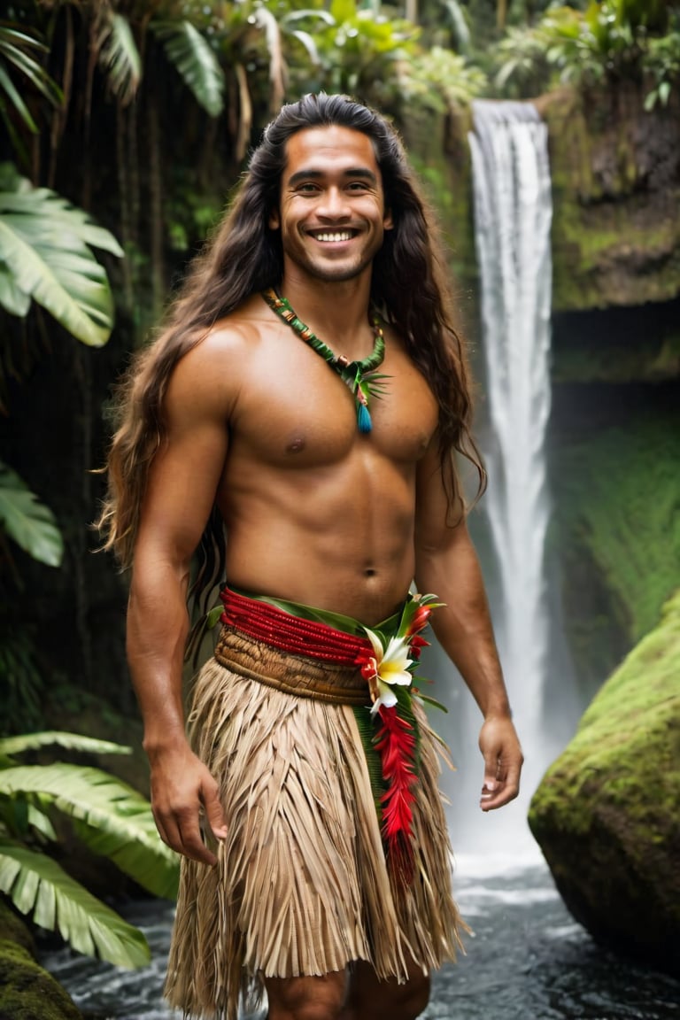 cinematic film still,Portrait of a 30 year old  Polynesian named Moana, physically and mentally transforming into a handsome man with long hair, smiling, wearing traditional Polynesian clothing, full body, walking out of waterfall; pacific island with waterfall in the background, ambient light, Nikon 15mm f/1.8G, by Alessio Albi, by Annie Leibowitz, by Lee Jeffries