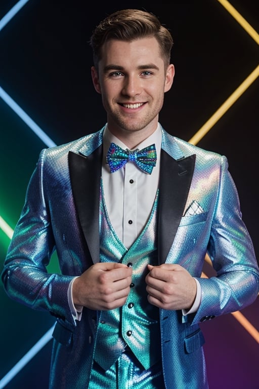 a Irish American man in a tuxedo with a chevron pattern, holographic!!!, shimmering and prismatic, holographic material, holographic, sparkly, holographic suit, smile